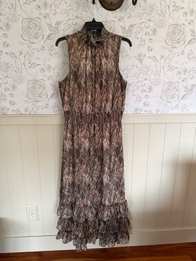 Halogen Brown Printed Maxi Dress with Ruffle Hem